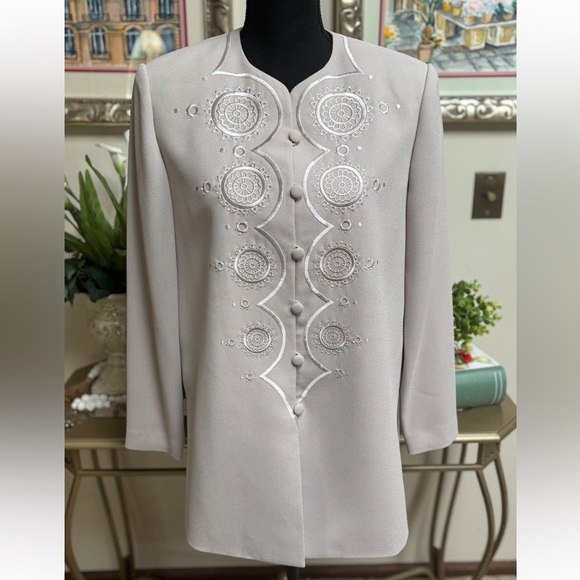 ADRIANNA PAPELL 2 Pc Formal Wedding Elegant Embroidered Jacket & Pants Set Sz 8 - Picture 3 of 15